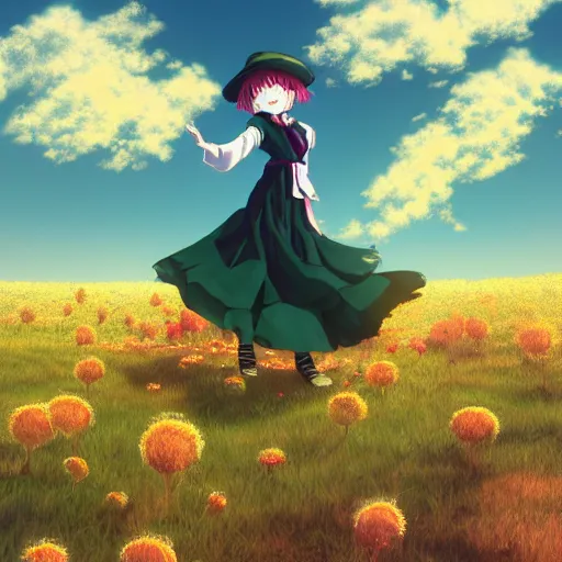 Prompt: Komeiji Koishi dancing in a field of dandelions, by Makoto Shinkai, anime, Touhou, digital art, soft lighting