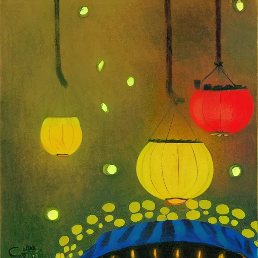 Image similar to painting of cats and caterpillars at a carnival at night watching colorful paper lanterns, in the style of claude monet and eyvind earle