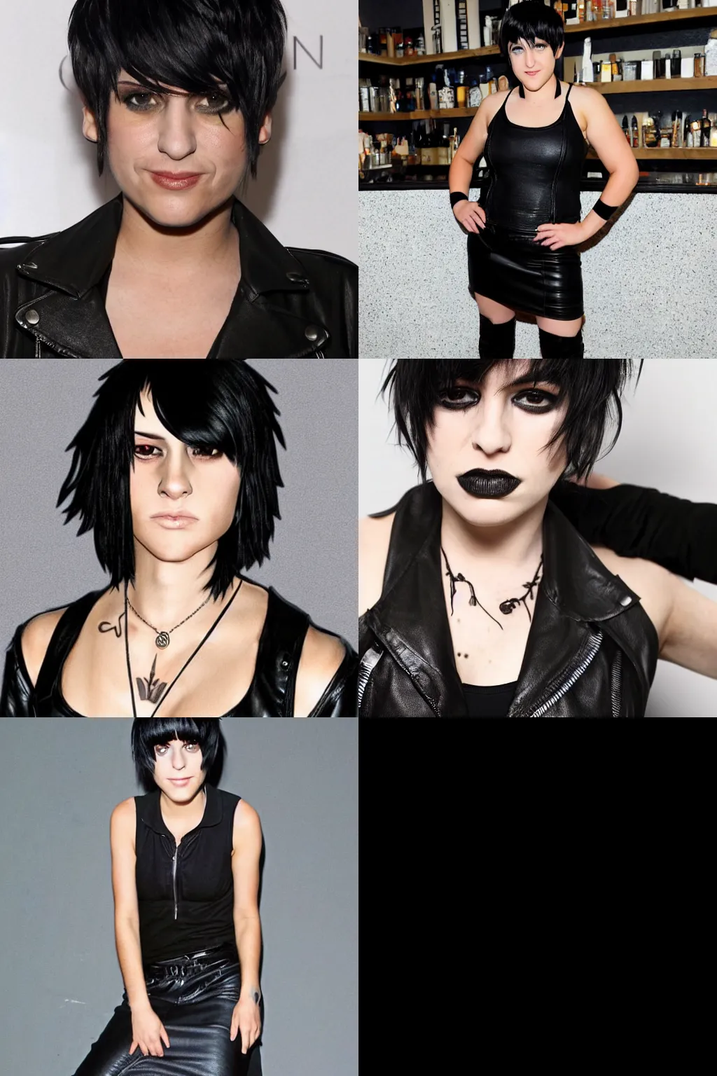 Prompt: an emo by arthur adams. her hair is dark brown and cut into a short, messy pixie cut. she has a slightly rounded face, with a pointed chin, large entirely - black eyes, and a small nose. she is wearing a black tank top, a black leather jacket, a black knee - length skirt, a black choker, and black leather boots.