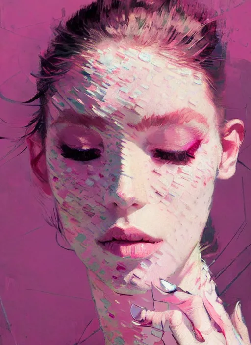 Prompt: portrait of a beautiful girl, haute couture, eyes closed, open mouth, shades of pink, beautiful face, rule of thirds, intricate outfit, spotlight, by greg rutkowski, by jeremy mann, by francoise nielly, by van gogh, digital painting