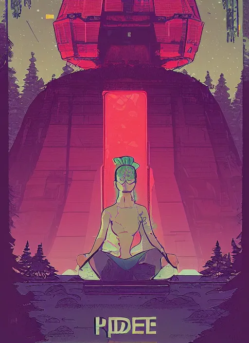 Prompt: an indie game poster of a translucent cyberpunk explorer meditating on an ancient platform in the middle of a dense forest, midnight, risograph by laurie greasley, kawase hasui, josan gonzalez, ghostshrimp, moebius, colourful flat surreal design, in the style of oxenfree, super detailed, a lot of tiny details