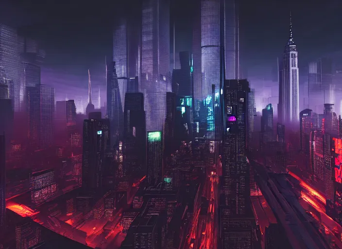 Image similar to cyberpunk scifi scene of new york skyline at night, artstation, matt painting, very detailed, maximalism, ambient occlusion, volumetric light, atmospheric haze, unreal engine, hyper realism, realistic shading, cinematic composition, realistic render, octane render, detailed textures, photorealistic, wide shot