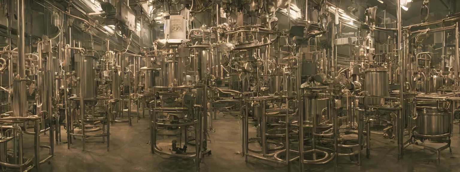 Prompt: oily apparatus for making snake oil, huge copper machine with purple and green snakelike pipework, barrels of snake oil in a disorganized factory in taiwan in 1 9 9 2 production line, golden hour lighting, film still from the uncle aloysius family medicine depot movie 3 d, 8 k, cinematic lighting