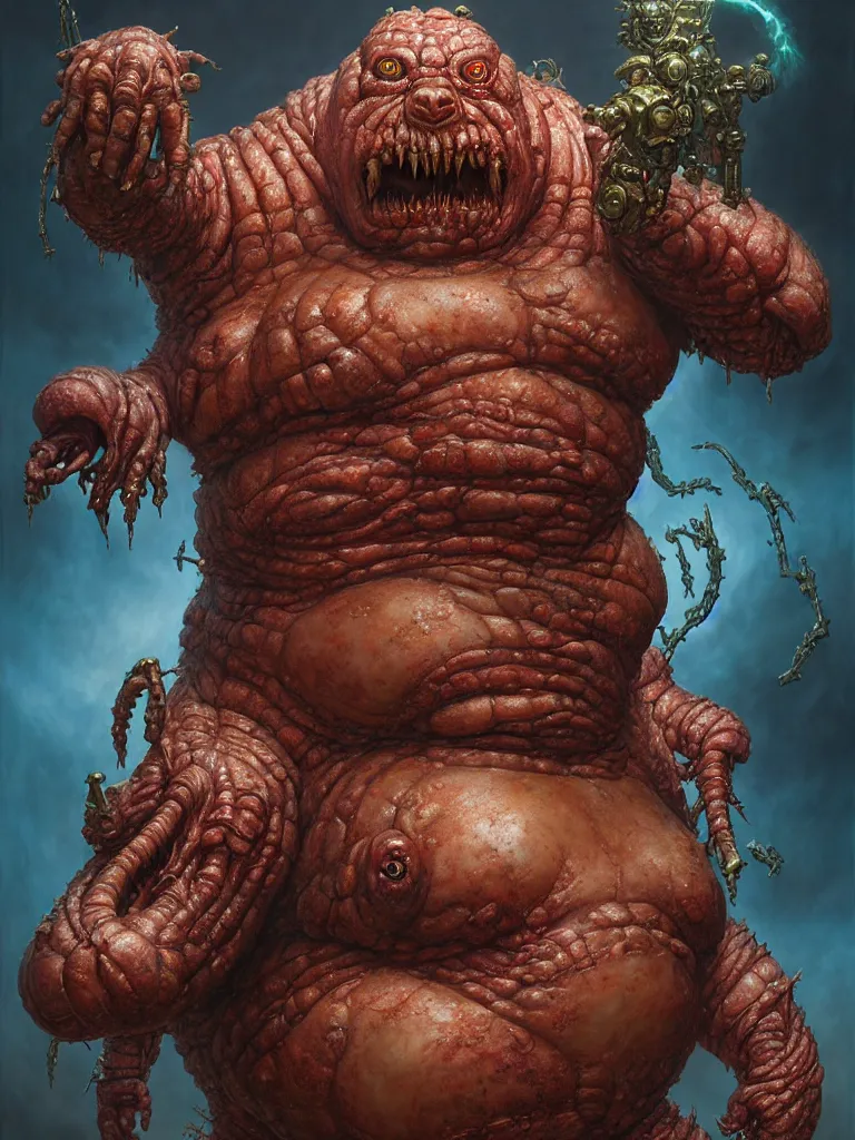 Prompt: hyperrealistic rendering, fat smooth cronenberg flesh monster ornate heavy metal overlord by donato giancola and greg rutkowski and wayne barlow and zdzisław beksinski, eyeballs, epic boss battle, product photography, action figure, sofubi, studio lighting, colored gels, colored background