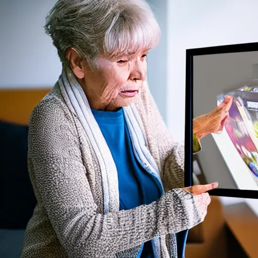 Prompt: picture of an elderly lady looking at a television depicting a meme on it