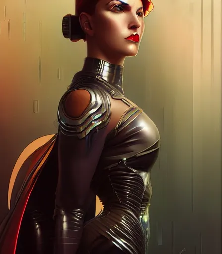 Image similar to portrait of a cyberpunk art deco woman who looks like Power Girl sci-fi, fantasy, intricate, elegant, highly detailed, digital painting, artstation, smooth, sharp focus, illustration, art by artgerm and greg rutkowski and alphonse mucha