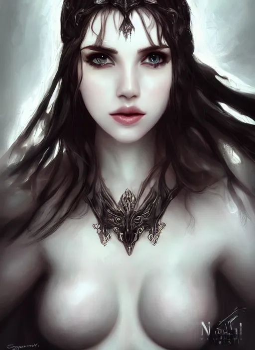 Image similar to of dark fantasy, young beautiful Amouranth, close up face portrait, medium shot, intricate, elegant, ethereal dreamy light, highly detailed, concept art, smooth, sharp focus, illustration, art by Nicola Samuri