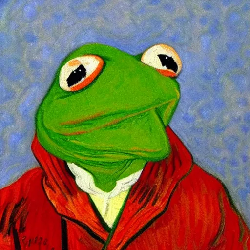 Image similar to kermit portrait, oil painting, visible brush strokes, by van gogh