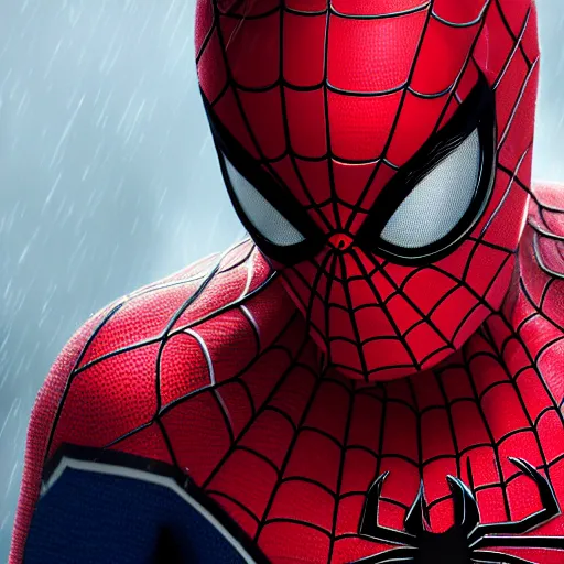 Image similar to Peter Parker as Spiderman , wet face , heavy rain ,dramatic, intricate, highly detailed, concept art, smooth, sharp focus, illustration, Unreal Engine 5, 8K