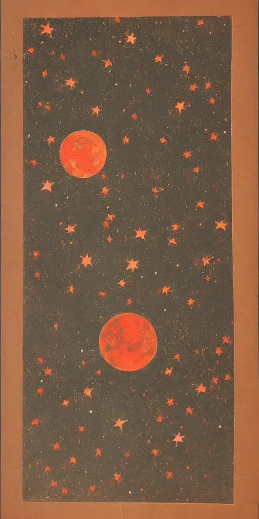 Prompt: oriental painting of the stars, the full red moon is far above, detailed, refined, high quality, parchment, blackened space, lots of stars
