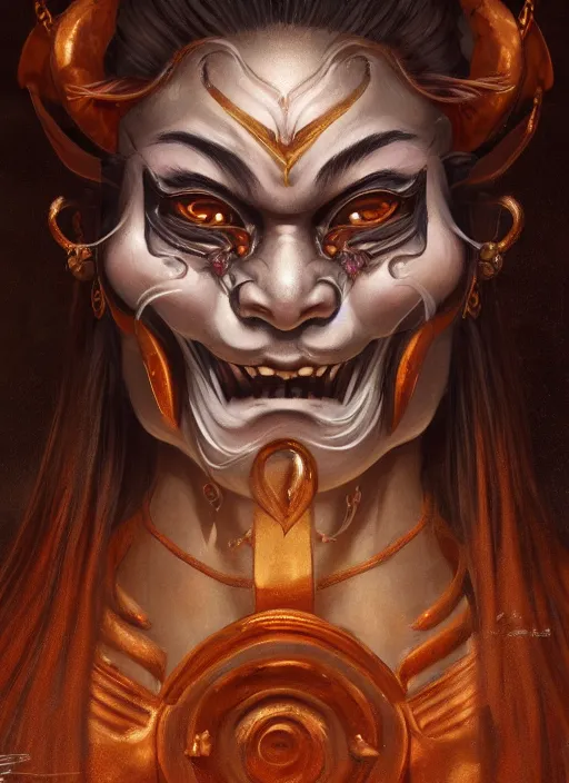 Image similar to a beautiful detailed oil on copper art illustration of a oni hannya mask shogun woman, centered, by charlie bowater, zeng fanzh, trending on artstation, dim dusk lighting, cinematic lighting, detailed lighting, volumetric lighting, realistic, f 8, 4 k hd wallpaper