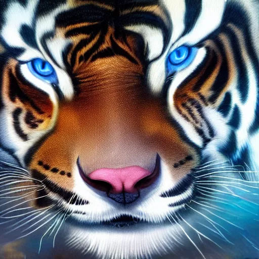 Prompt: oil painting of a fuzzy furry tiger baby with piercing blue eyes, glassy eyes, galaxy in eyes, dramatic lighting, dramatic lighting, rainforest, beautiful, epic, glorious, extreme detail, 4k, award-winning