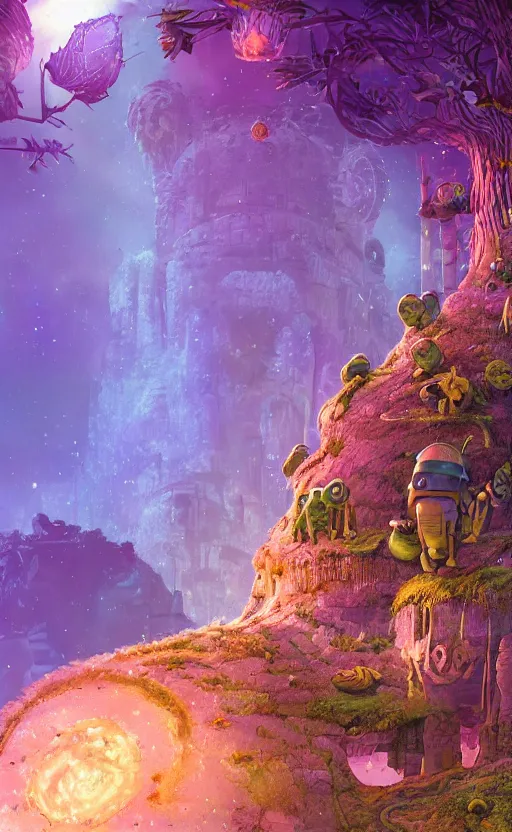 Image similar to microscopic tardigrade, microbiology, magical forest, ruins, civilization, vegetation, mayan temple, futuristic, sharp focus, electric, backlight, furry, soft, concept art, intricate details, highly detailed, photorealistic, disney pixar, james gilleard, moebius, print, iridescent, global illumination, anime, game art