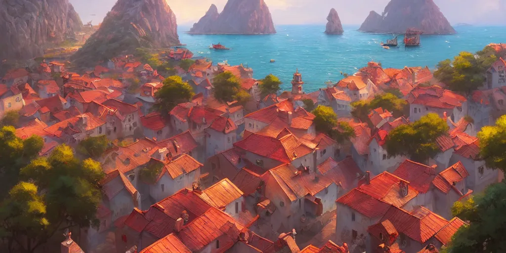 Image similar to Cozy small village on a cape, red roofs, fishing boats, view from above. In style of Greg Rutkowski, Jesper Ejsing, Makoto Shinkai, trending on ArtStation, fantasy, great composition, concept art, highly detailed, scenery, 8K, Behance.