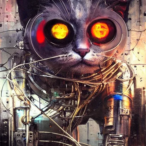 Image similar to robot cyborg cat, many wires and neon lights exposed, metal and glowing eyes, highly detailed painting by jeremy mann