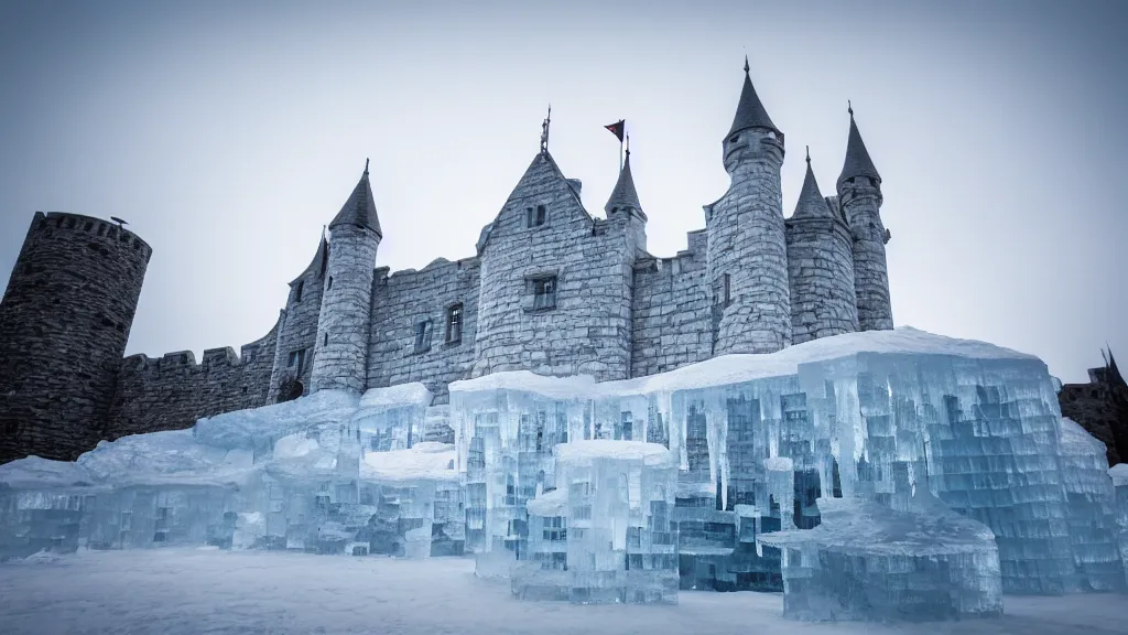 Prompt: open angle photo of a castle made of ice,