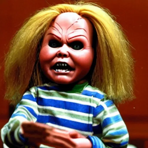 Image similar to chucky the killer doll testifying in court