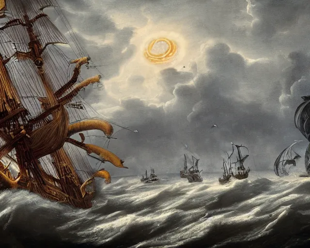 Image similar to a 16th century galleon warship being attacked by the kraken with huge octopus tentacles on the dark, stormy seas with huge waves. The air is full of cannon fire and smoke. hyperealistic, intricate detail, 8k, cinematic, trending on artstation