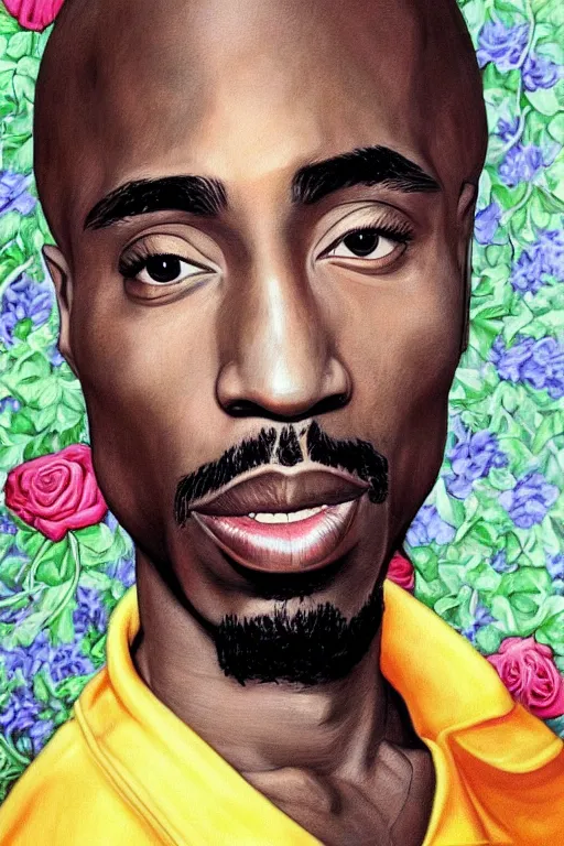 Prompt: Tupac, illustrated in whimsical style, portrait by Kehinde Wiley!!, roses, artgerm, loish, oil painting,