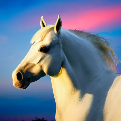 Prompt: photo of white arabic horse, blue soft background with sun set