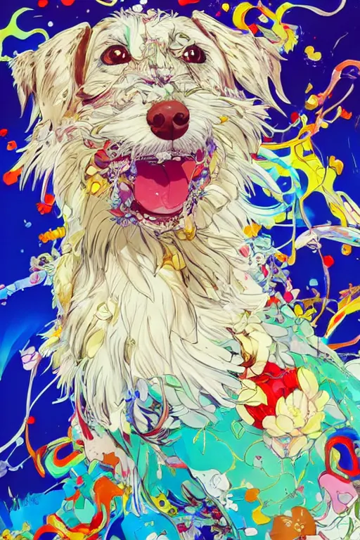 Prompt: maximalist joyful dog, trending on pixiv fanbox, painted by makoto shinkai takashi takeuchi studio ghibli, akihiko yoshida, yoshitaka amano, wangechi mutu, clean cel shaded vector art. shutterstock. behance hd by lois van baarle, artgerm, helen huang, rossdraws, illustration