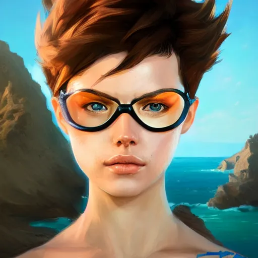 Image similar to portait of tracer in a bikini, hyperdetailed, intricate, very beautiful face, pretty face, by greg rutkowski, wlop, unreal engine 5, trending on artstation