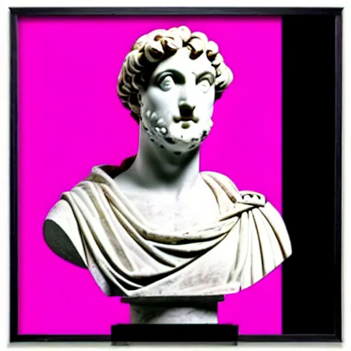 Image similar to a greco - roman marble bust sits on a pink and black checkerboard tile floor, a pink wall in the background with a framed photo of a cityscape at night