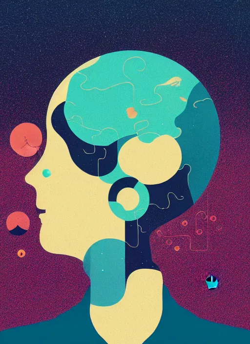 Prompt: minimalist logo icon for a wandering mind, one person, brain filter pixelated puzzle, retro psychology, victo ngai, kilian eng, lois van baarle