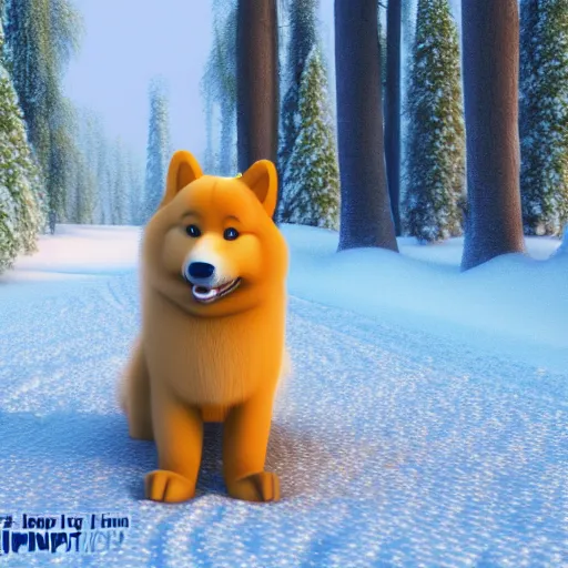 Image similar to happy finnish lapphund dog, snow, trees, stream, pixar, disney, 4 k, 3 d render, funny, animation, movie, oscar winning