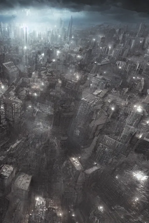 Prompt: a hole in the sky consuming an entire city, dynamic lighting, photorealistic digital art, mysterious