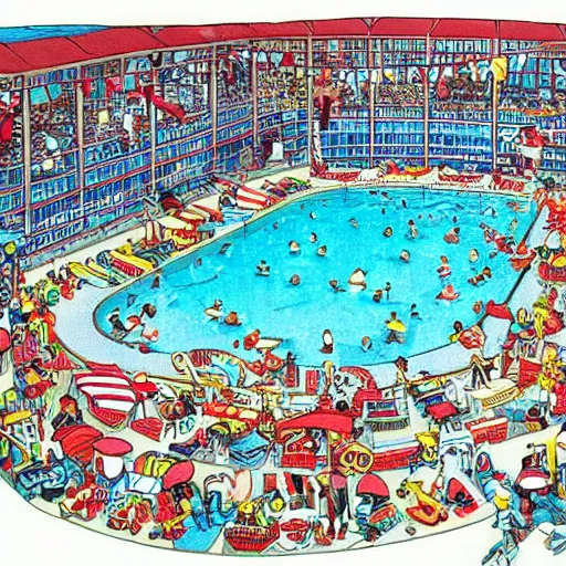 Image similar to where's waldo book page highly detailed, swimming pool setting