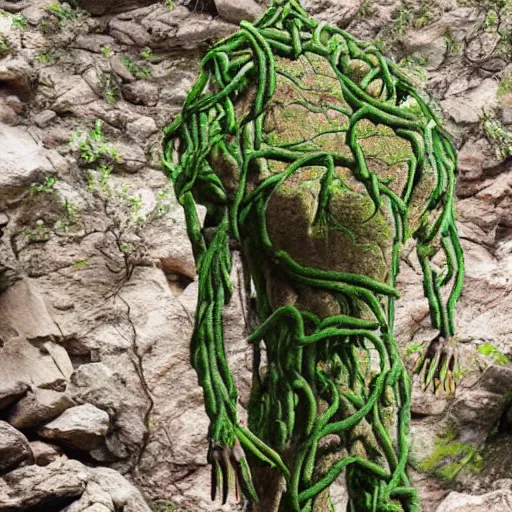 Prompt: a humanoid creature made of rock and held together by vines