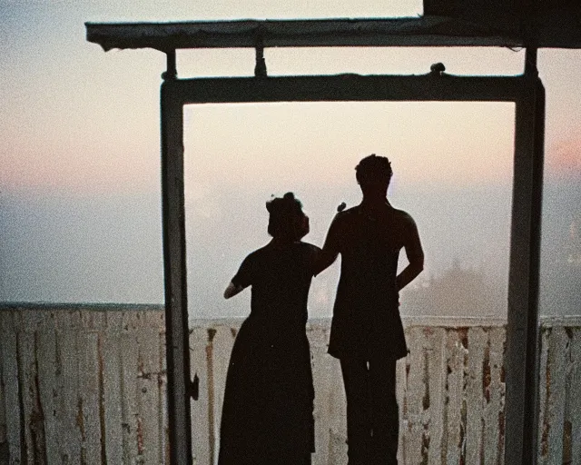 Prompt: lomo photo of pair standing on small hrushevka balcony full with cigarette smoke in small russian town at sunset, cinestill, bokeh