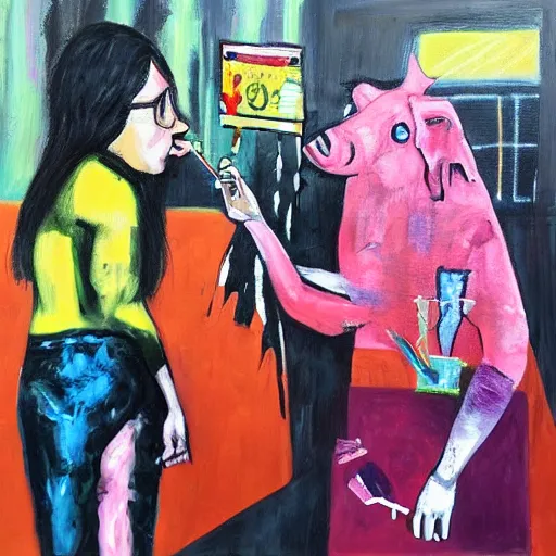 Prompt: “tall queer woman with long pink hair and a tall emo girl feeding Australian $50 notes to a weedy pig, capitalism, acrylic and spray paint and oilstick on canvas, neoexpressionism”