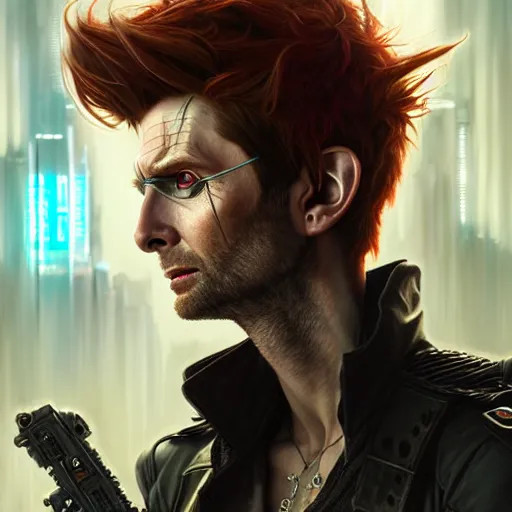 Image similar to portrait painting of a cyberpunk elf mercenary redhead david tennant, ultra realistic, concept art, intricate details, eerie, highly detailed, photorealistic, octane render, 8 k, unreal engine. art by artgerm and greg rutkowski and charlie bowater and magali villeneuve and alphonse mucha