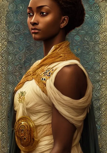 Prompt: african sansa, intricate, elegant, highly detailed, digital painting, artstation, concept art, smooth, sharp focus, illustration, art by artgerm and greg rutkowski and alphonse mucha and william - adolphe bouguereau