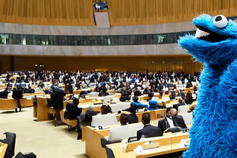 Image similar to Cookie Monster gives a talk at the UN, stood at the podium