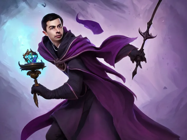 Prompt: portrait of dark count pete buttigieg, clean shaven, dark regal robes, holding crystal rod, rule of thirds, dark purple gradient, photorealistic facial features, league of legends splash art, by chengwei pan, huang guangjian, viktoria gavrilenko, artgerm, greg rutkowski, 8 k, octane, digital painting, artstation