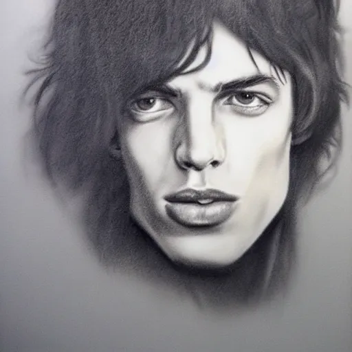 Prompt: charcoal portrait of young mick jagger, in the style of casey baugh