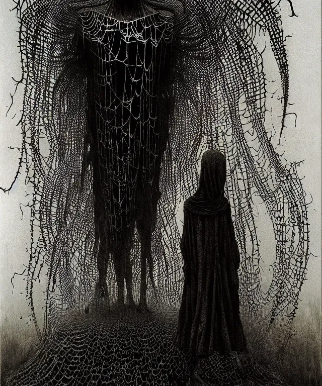 Image similar to a woman standing all covered in spiders. illustration of arachnophobia, fear of spiders, incredible amount of spiders and bugs. extremely high details, realistic, horror, creepy, web, masterpiece, art by zdzislaw beksinski, arthur rackham, dariusz zawadzki