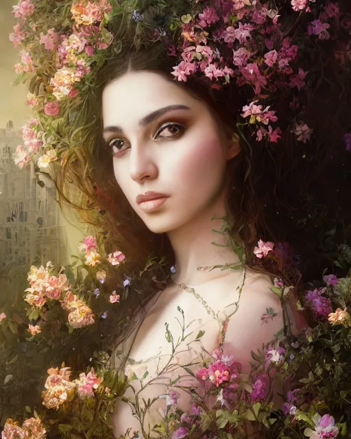 Image similar to portrait of a middle eastern girl, surrounded by flowers by karol bak, james jean, tom bagshaw, rococo, sharp focus, trending on artstation, cinematic lighting, hyper realism, octane render, 8 k, hyper detailed.