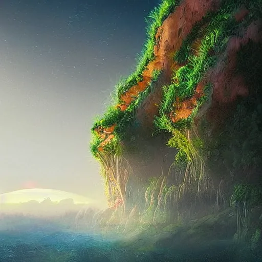 Image similar to beautiful digital artwork of a lush natural scene on an alien planet by arthur haas. artistic science fiction. interesting color scheme. beautiful landscape. weird vegetation. cliffs and water.