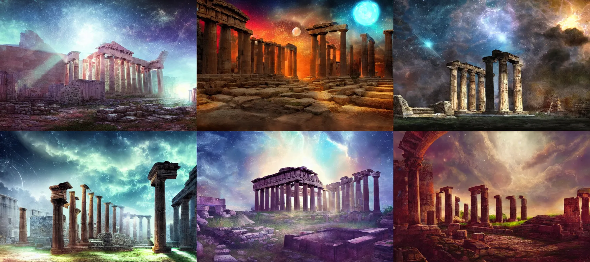 Prompt: close shot, ancient greek ruins, digital painting, concept art, fantasy, colourful, night sky stars, volumetric lighting, mystic atmosphere