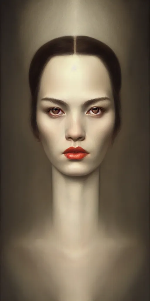 Prompt: very very beautiful portrait photo of chthonic AI face, Perfect face, extremely high details, realistic, by Edward Hopper, Tom Bagshaw , Rene Margitte