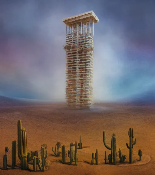 Prompt: surreal theory of a white stepped high tech architecture, ancient epic tower of babylon in the mining tailings in the desert, biroremediation plant, foggy, patchy cactus, oil painting, pale colors, high detail, 8 k, wide angle, trending on artstation, behance