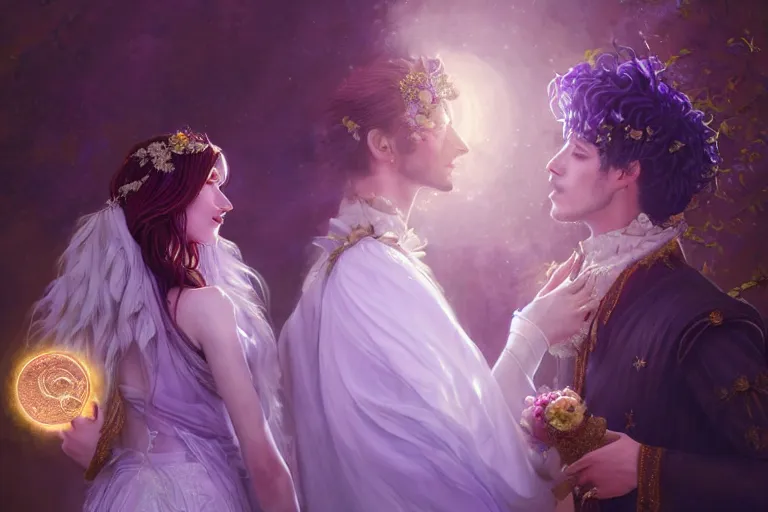 Image similar to a dreamlike cinematic portrait of wedding photograph close up moment of a divine a russia sun god and moon goddess lovers magician at a wedding banquet. portraiture. digital painting. artstation. concept art. fantasy wedding photo. digital painting, 8 k realistic, hyper detailed, violet evergarden art masterpiece by art by krenz cushart