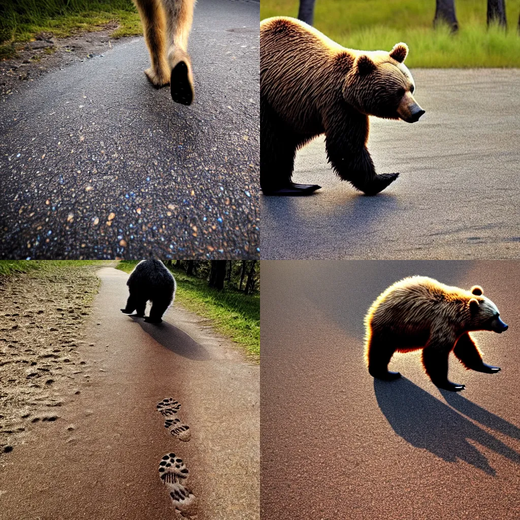 Prompt: a photo of a bipedal bear walking, cute, footprints