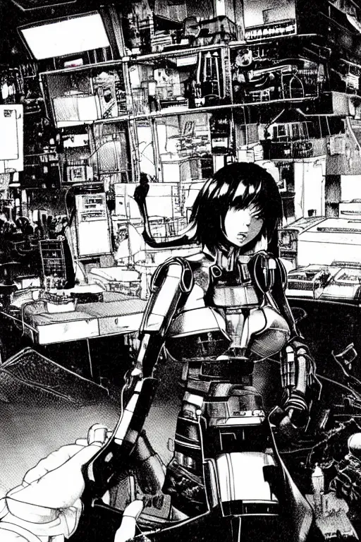 Image similar to fantastic cyberpunk illustration of motoko kusanagi in lab being repaired, by masamune shirow and katsuhiro otomo