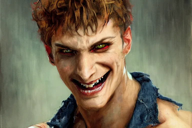 Image similar to portrait of a 2 5 year old contract killer named spike. he wears a tattered denim vest and has wide, bloodshot eyes, and a terrifying smile. art by gaston bussiere.