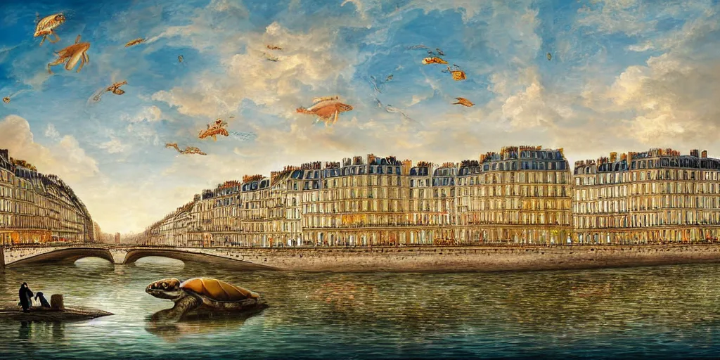 Image similar to master piece stunning digital painting of a parisian small city contained on the top of a giant sea turtle